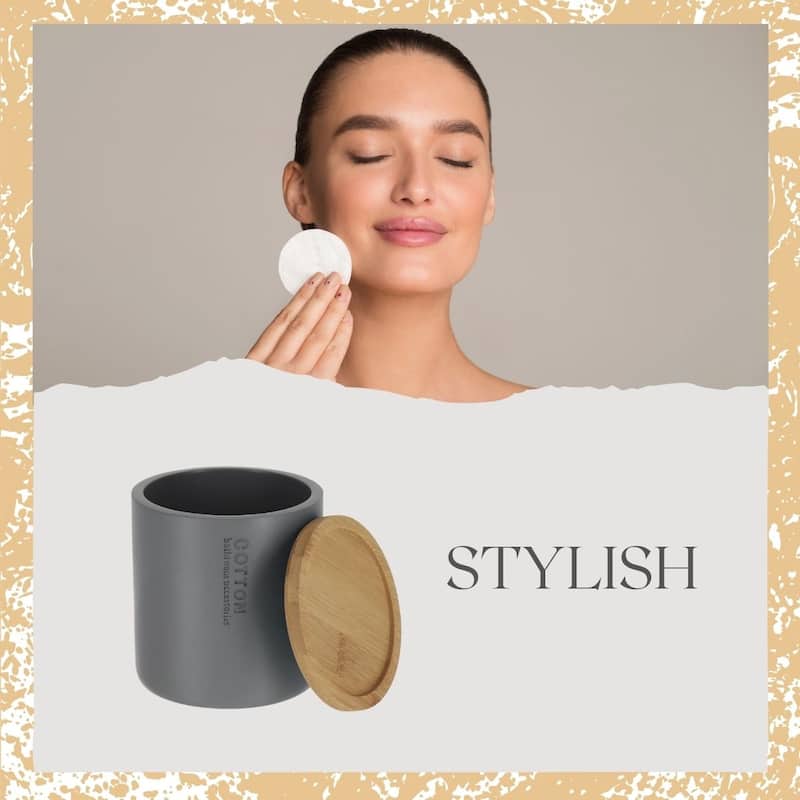 Sleek Cotton Pad Holder - Polyresin Bathroom Storage Container with Bamboo Lid - 4 L x 4 W x 4.6H