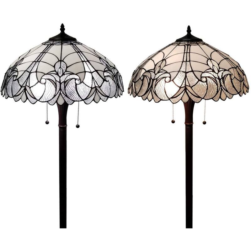 Dark Brown Metal Torchiere Floor Lamp with White Stained Glass Shade - 18” x 18” x 62” (D x W x H)