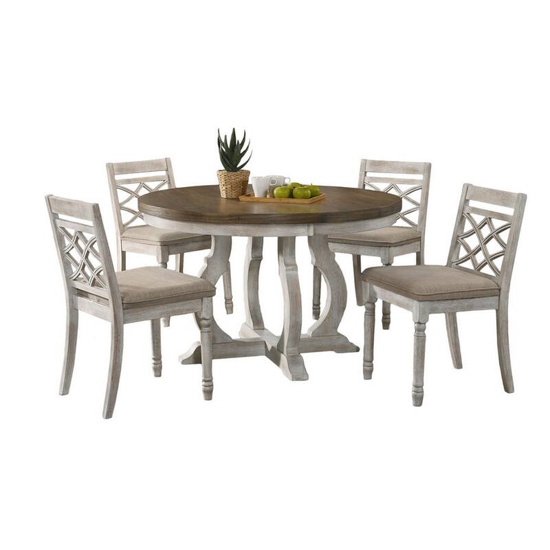 5 Piece Dining Table Set, 4 Ergonomic Chairs, Off White Upholstery, Brown - White, Brown, Off White