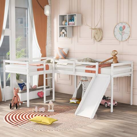 White L-shaped Twin Size Loft Bed with Ladder, Slide and Solid Pine Wood and High Quality MDF Suitable for Bedroom Furniture