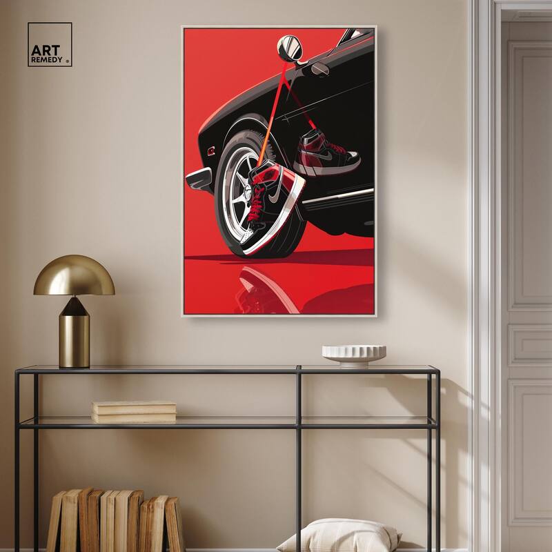 Red Bold Sneaker and Car Canvas by Art Remedy