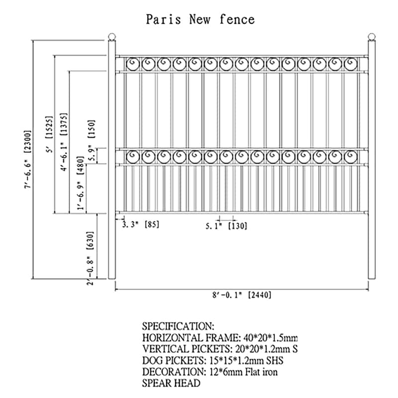ALEKO Yard Garden Steel Black Fence 8' x 5' Paris Style Set of 2 Panels
