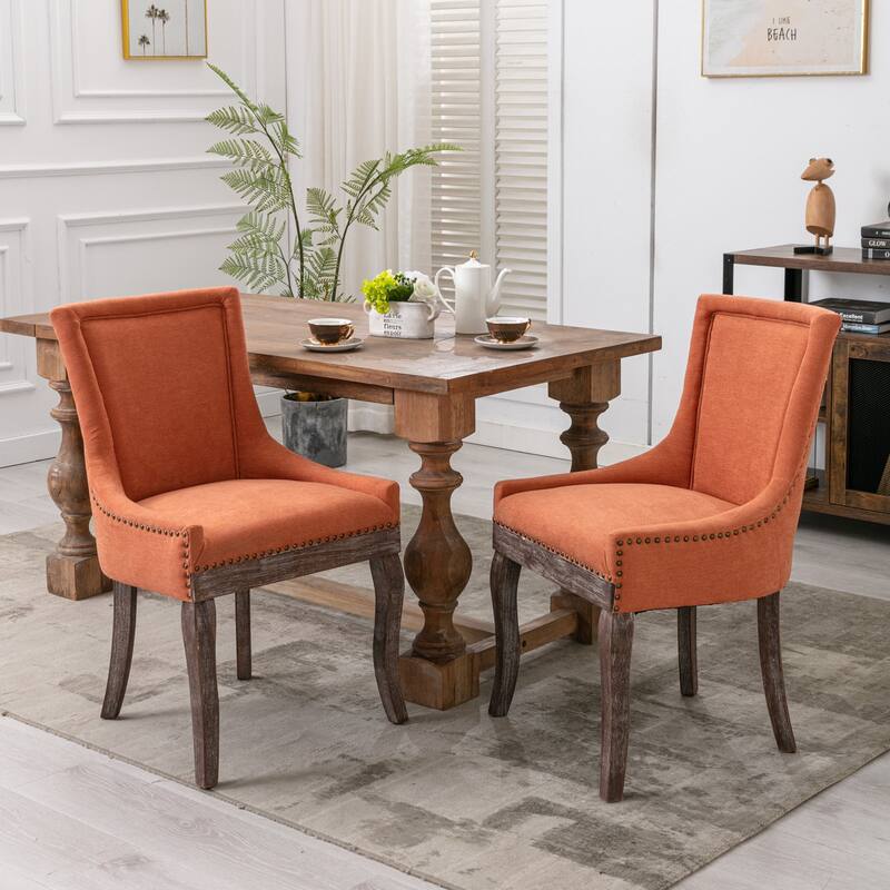 GDF Studio - Modern Fabric Upholstered Wood Dining Chair Set with Bronze Nailhead Trim (Set of 2) - Orange