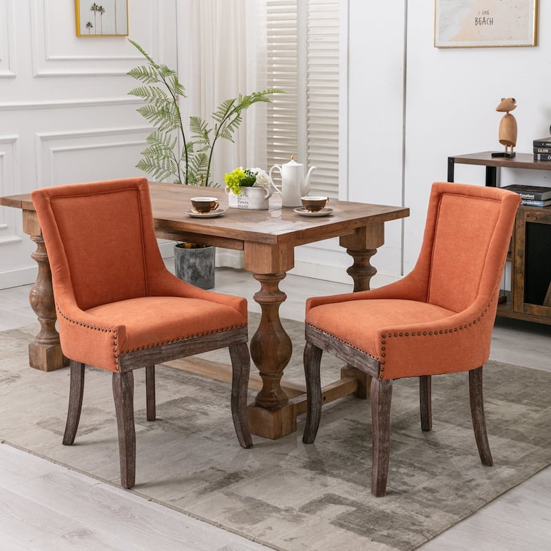 Ultra Side Dining Chair，Thickened fabric chairs with neutrally toned solid wood legs， Bronze nail head，Set of 2，Blue - Orange