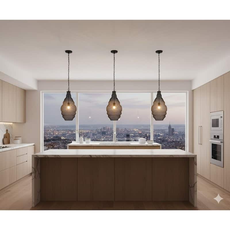 Transitional 1 Light Satin Black Chain Basket Pendant