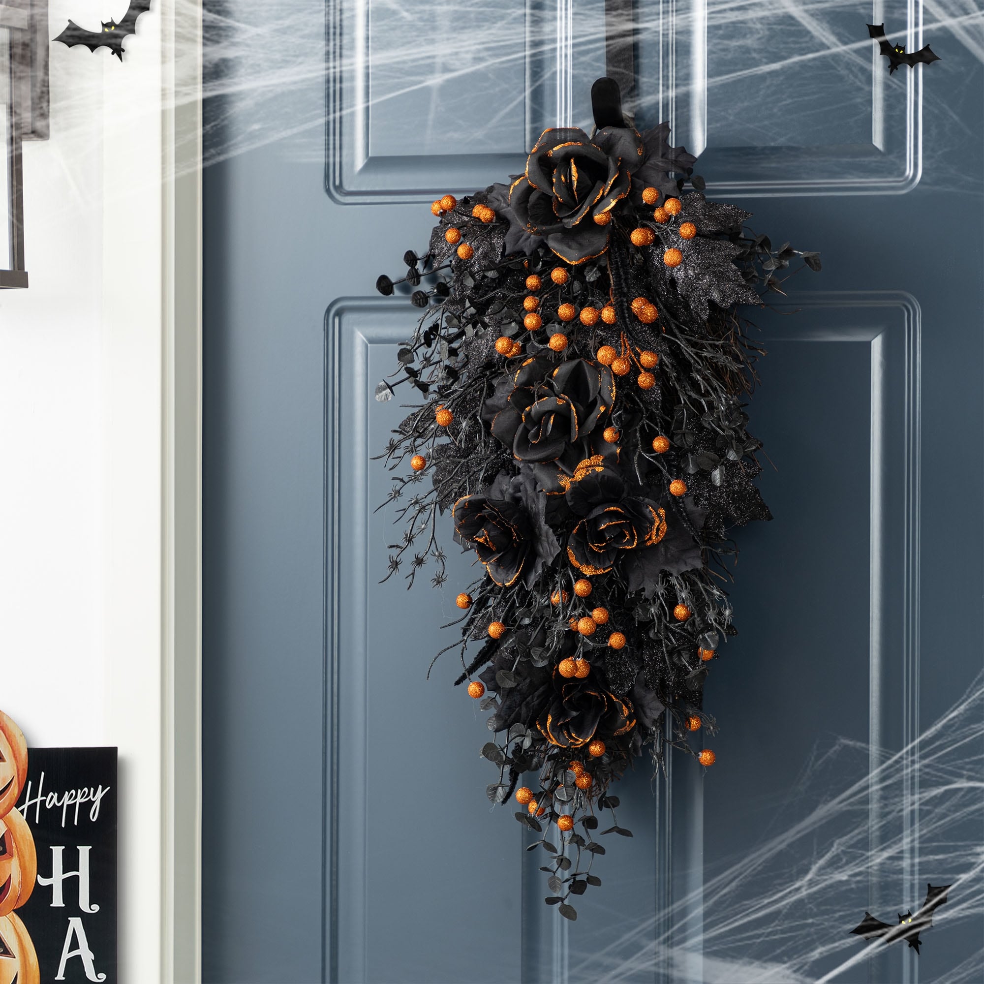 Glitzhome Halloween Black Rose Skeleton & Berry Wreath or Teardrop Swag