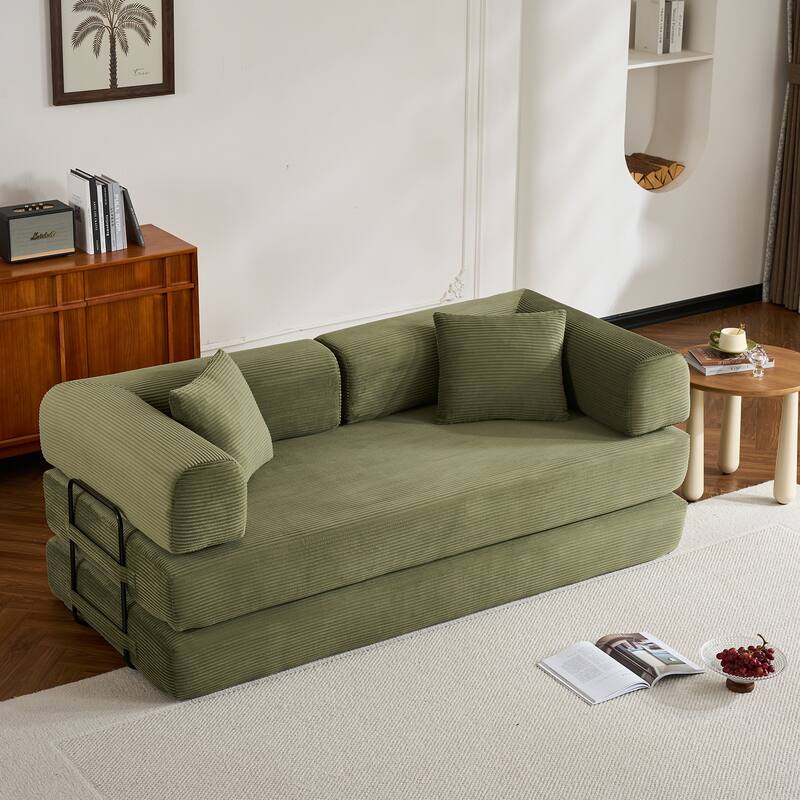 Convertible Sleeper Sofa Bed with Pillow, Modern Corduroy Folding Mattress Couch, Floor Sofa Lounge for Compact Spaces - Green