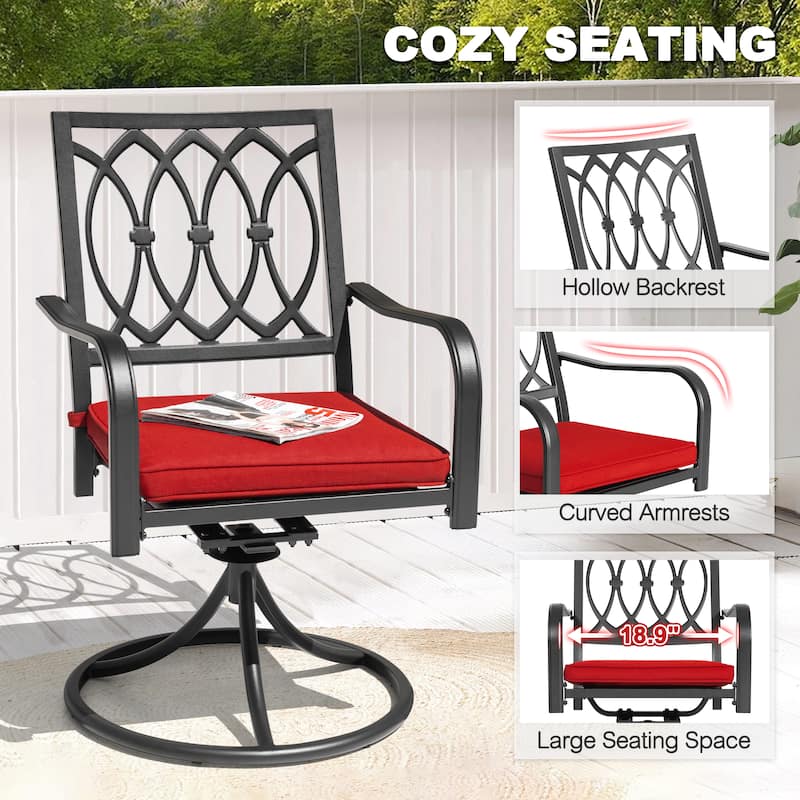 Metal Patio Dining Set with Umbrella Hole, Swivel Chairs with Cushions