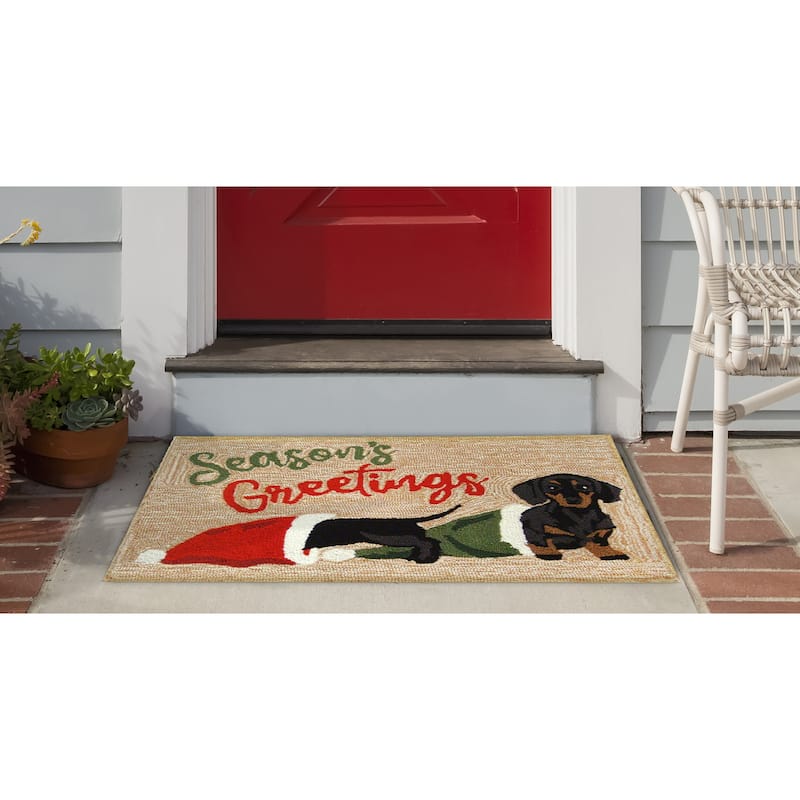 Liora Manne Frontporch Dachsund Greetings Indoor/Outdoor Rug - 2'6" x 4' - Beige