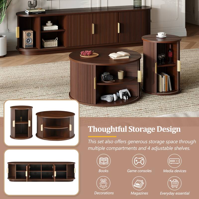 Fluted Sliding Door TV Stand & Coffee Table Set, Wooden Media Cabinet TV Console for TVs up to 75", 3-Piece Living Room Set