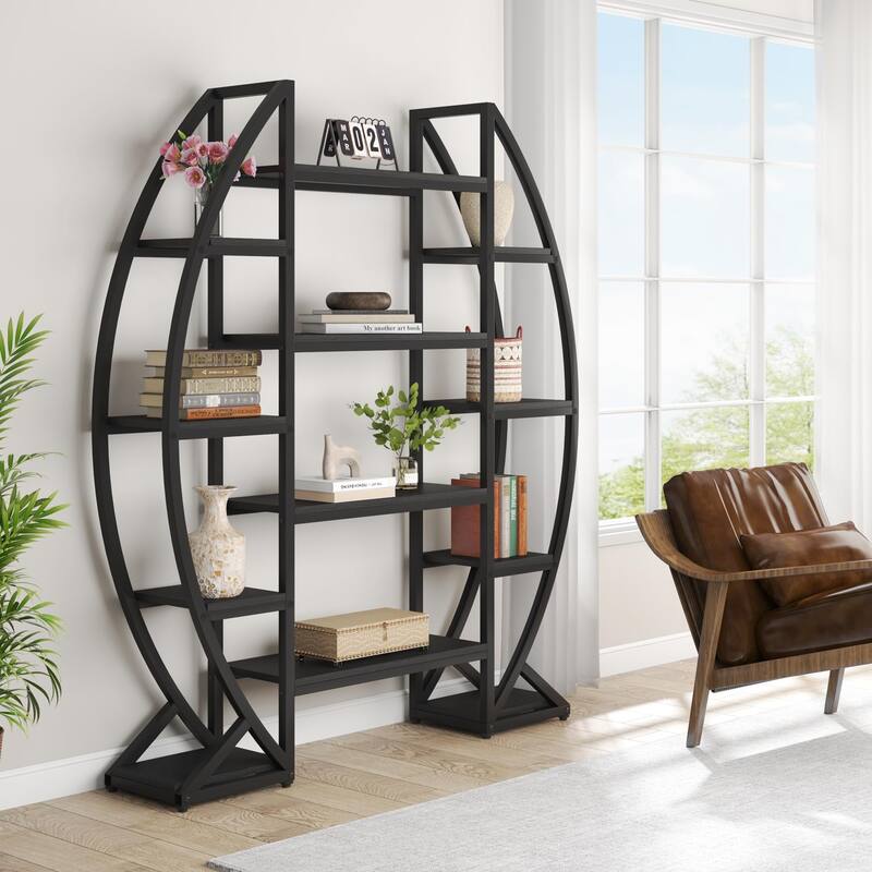 Industrial Bookshelf, Oval Triple Wide 5 Tiers Etagere Bookcase - 11.81"D x 55.11"W x 69.68"H