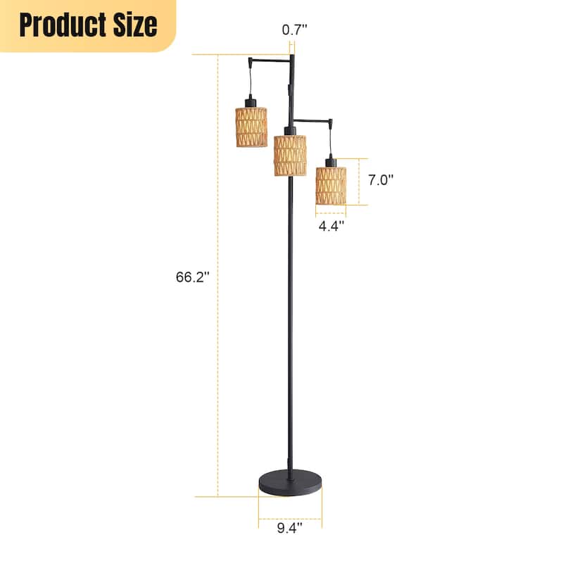 Sofucor 3-Lights Boho Rattan Floor Lights,Black Farmhouse Standing Lamp Wicker Rustic Tall Lamp,Rattan Woven LampShade Bohemian