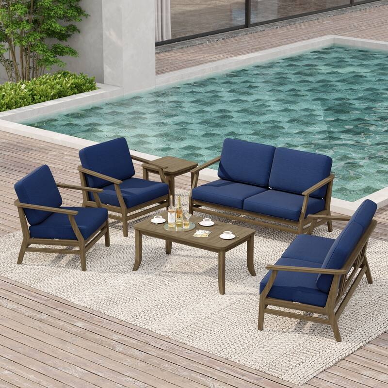 Large Outdoor Conversation Set with Patio Chairs, Loveseat, Tables - Natural Wood - Navy