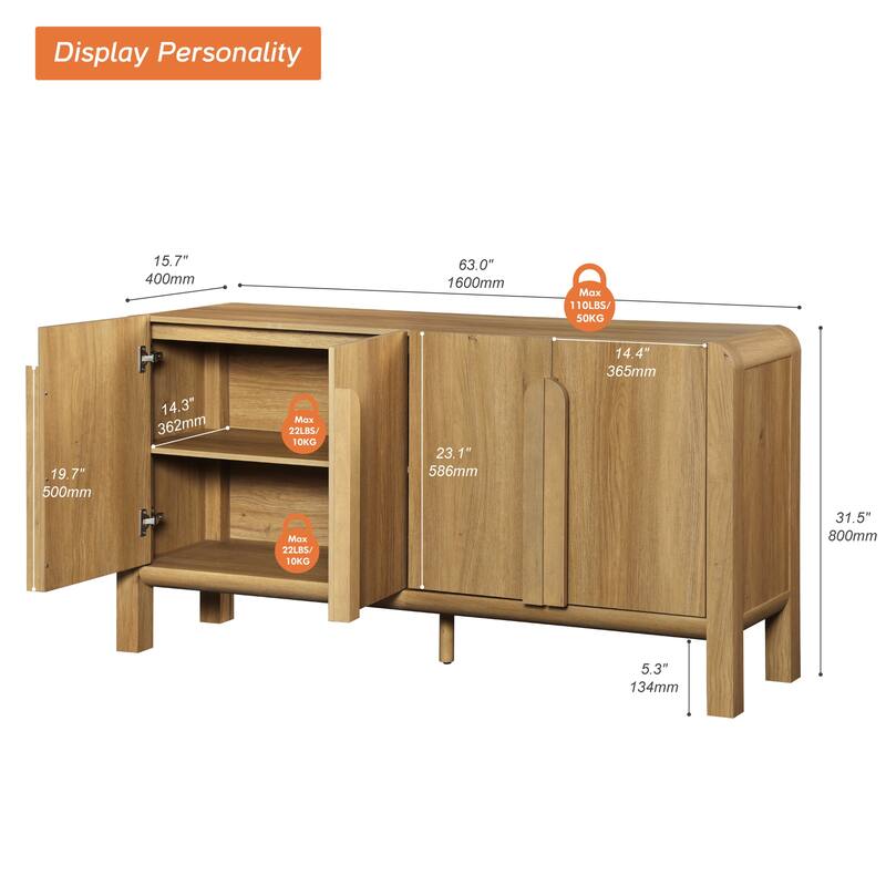 WAMPAT Mid-Century 63" Wood SideboardWAMPAT Buffet Cabinet With Storage, Modern Credenza With Doors And Adjustable Shelves