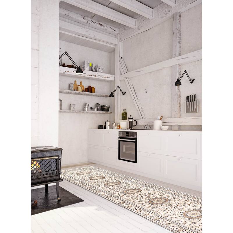 ECARPETGALLERY Hand-knotted Nain Cream Silk, Wool Rug - 2'9 x 14'3