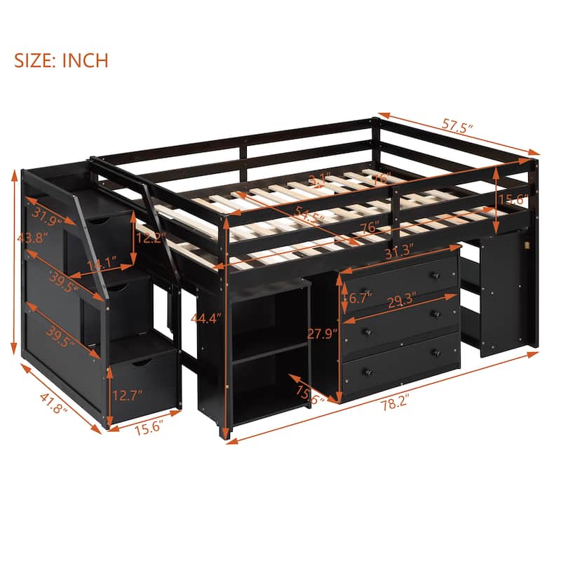 Full Size Loft Bed with Retractable Writing Desk and 3 Drawers, Wooden Loft Bed with Storage Stairs and Shelves, Espresso - N/A