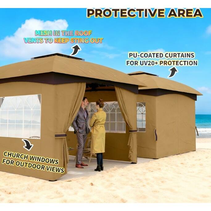 GDFStudio - Outdoor 11'x11' Double Roof Patio Gazebo with Church Windows & Curtains