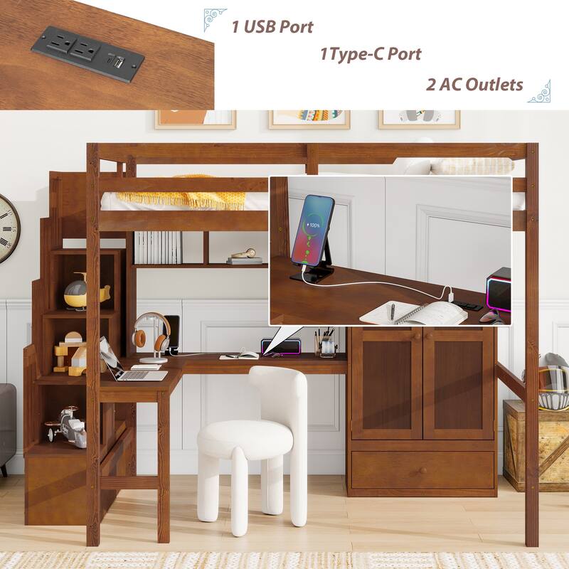 Full Size Wooden Loft Bed with Wardrobe, L-Shaped Desk, Bookshelves and Storage Staircase