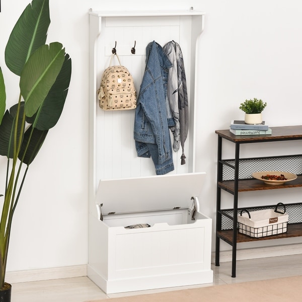 HOMCOM 3 In 1 Entryway Hall Tree with Storage Bench Coat Rack with Four Hooks and Shoe Storage White