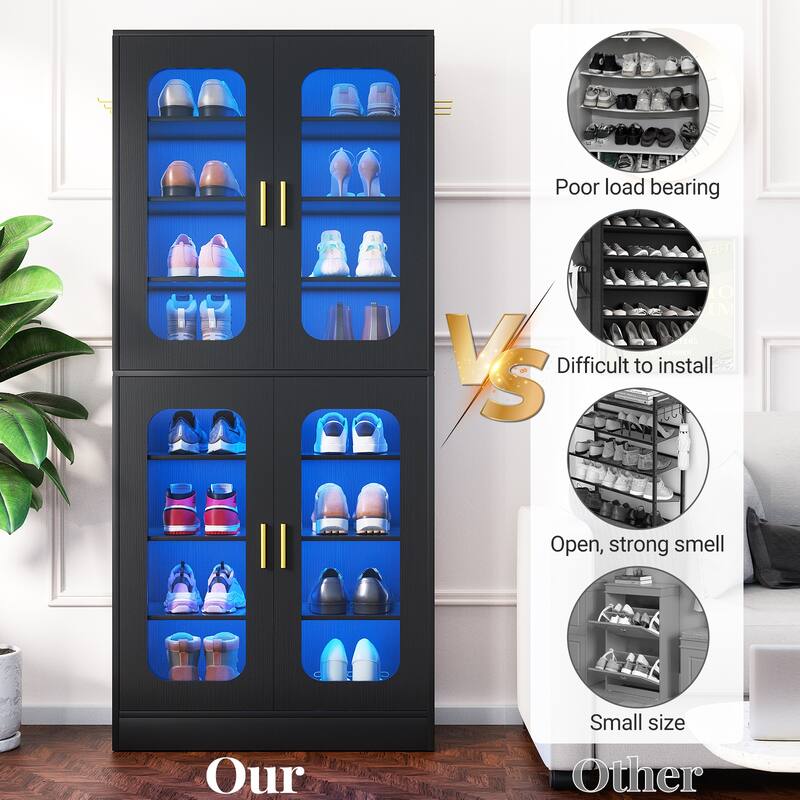 8-Tier Shoe Cabinet with LED Light, 32 Pairs Tall Shoe Storage Organizer with Side Hooks
