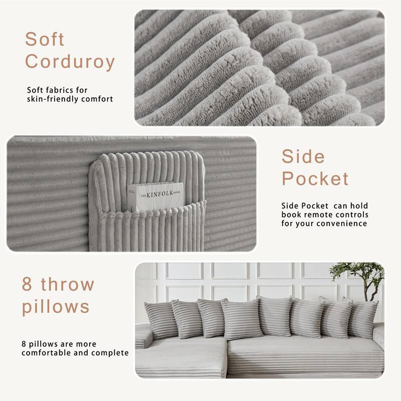 Floor Sleeper Sofa Bed Convertible L-shaped Modular Sectional Couch with Chaise, Corduroy Compression Sofa with Side Pockets