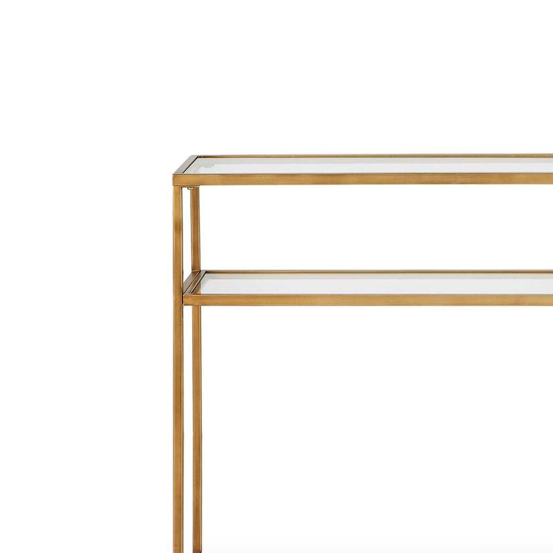 Ted Sofa Console Table w Open Shelf, 48 Inch Glass Top, Gold Iron