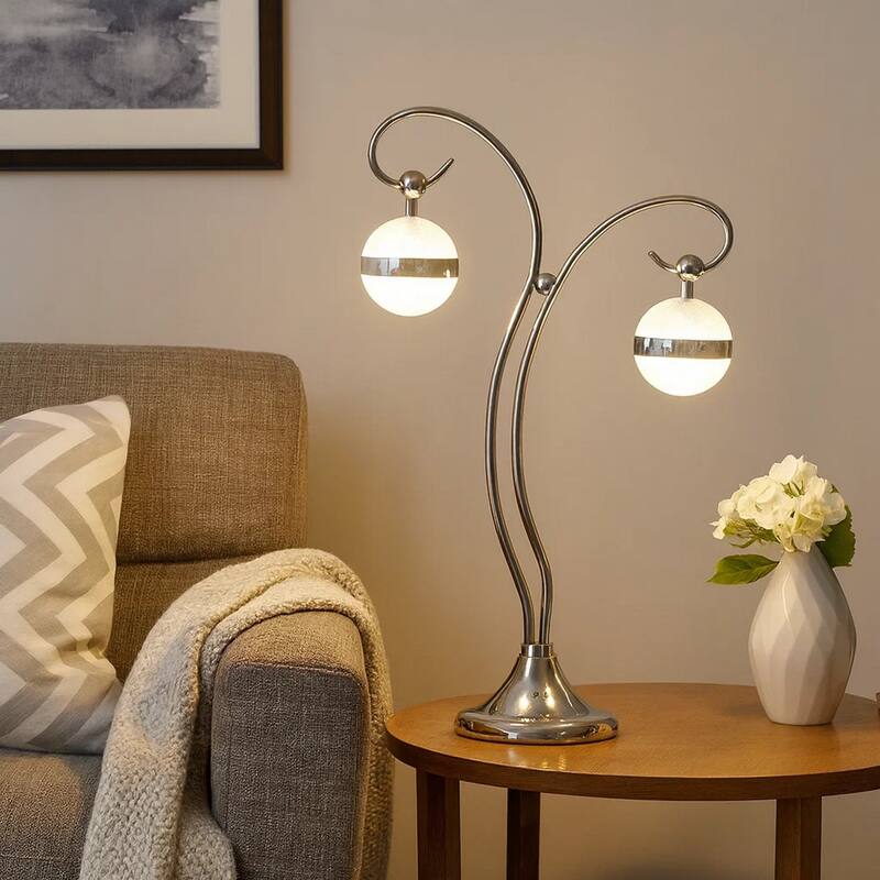 30 Inch Table Lamp, Accent LED Light, Globe Glass Shade, Round Base, Nickel
