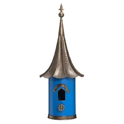Blue Metal Outdoor Birdhouse with Phonograph-Style Roof and Decorative Accents - 12.25'' W X 12.25'' D X 32'' H