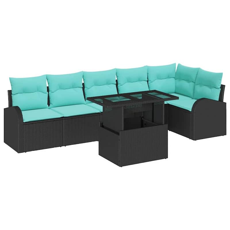 vidaXL 7 Piece Garden Sofa Set with Cushions Black Poly Rattan - 113.8×48.8×27.2