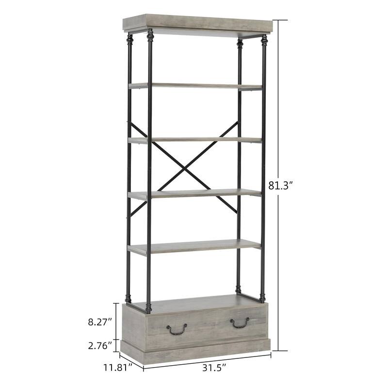 5-Tier Rustic Bookshelf with Metal Frame & Storage Drawer Open Bookcase - Grey