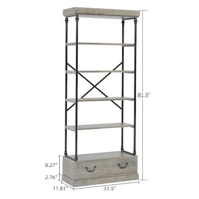 5-Tier Rustic Bookshelf with Metal Frame & Storage Drawer Open Bookcase