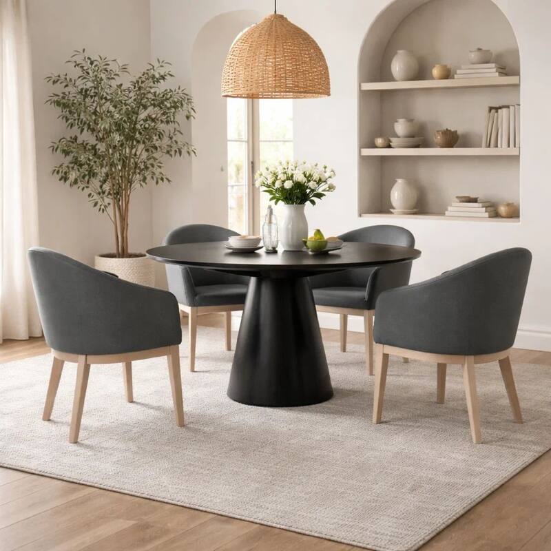 5 Piece Round Dining Table Set, Padded Curved Armchairs, Gray and Beige