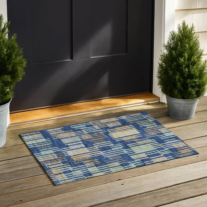 Machine Washable Indoor/ Outdoor Modern Pines Chantille Rug - Navy - 1'8" x 2'6"