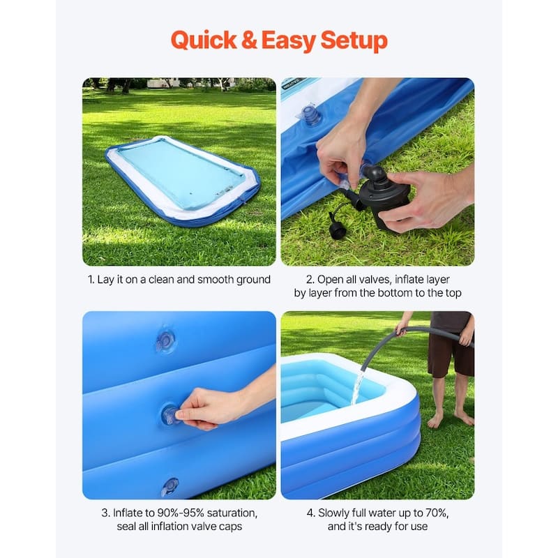 Blue PVC 3-Layer Rectangular Inflatable Pool with Drain and Patches - 118.11 x 67.01 x 20 inch