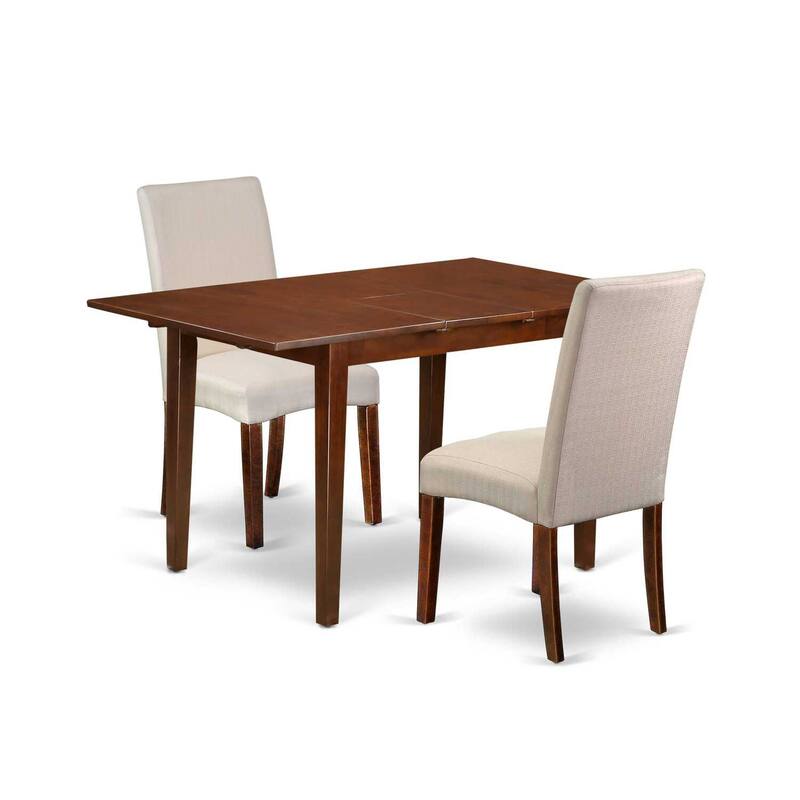 Mediterranean Dining Set - 3pc Rectangular Table w/ Leaf & 2 Parson Chairs - Cream Linen Fabric