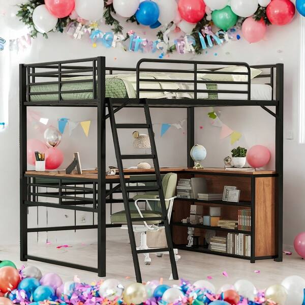 slide 2 of 26, Full Size Metal Loft Bed with 3 Layers of Shelves and L-shaped Desk for Home Black