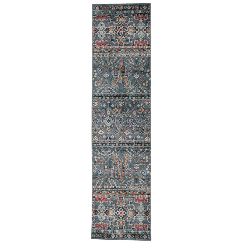 Grant Machine Washable Teal and Ivory Area Rug - 2' x 8' Runner