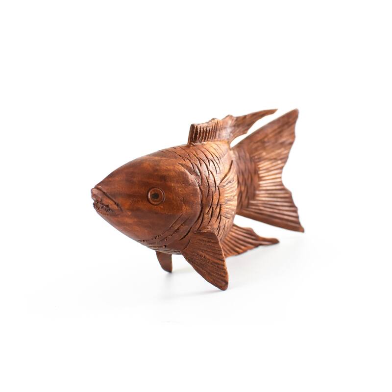Wooden Hand Carved Koi Fish Statue Figurine Sculpture Art Home Decor Accent Handmade Handcrafted Seaside Tropical Nautical