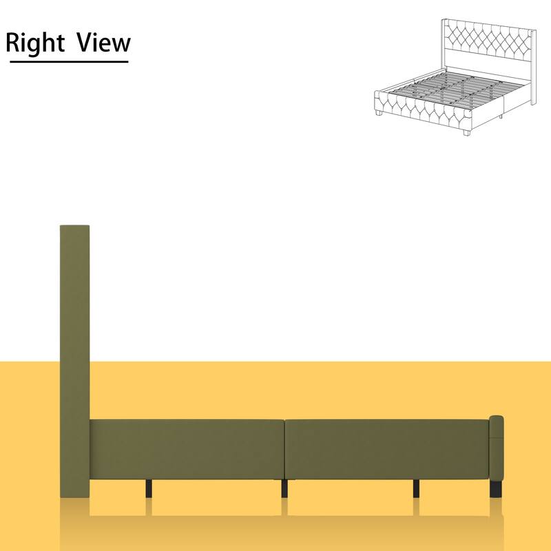 King Size Olive Green Leather Upholstered Platform Bed with Extra Tall 52.8" Tufted Wingback Headboard Bed Frame