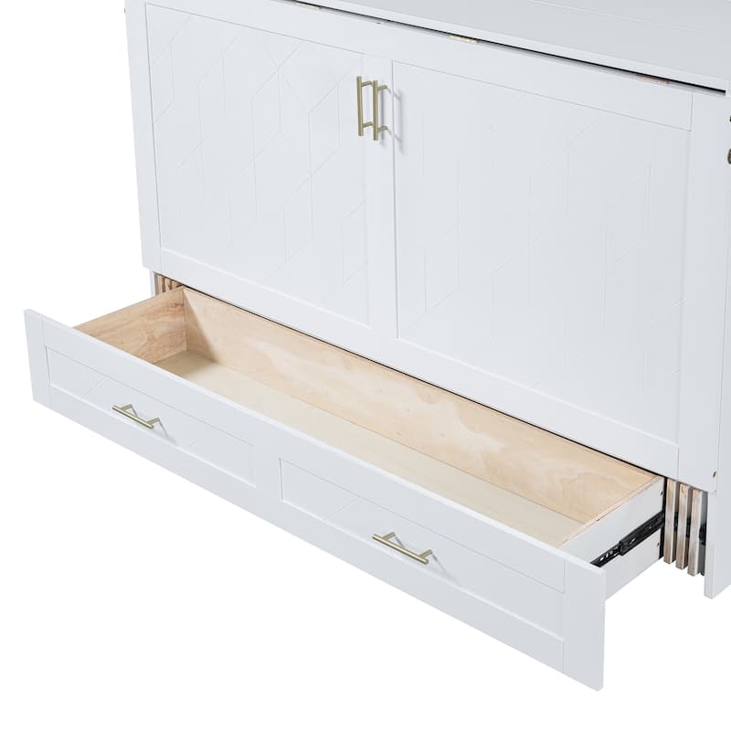 Queen Size Murphy Bed with Pulley System, Storage Drawer, USB Ports, and Sockets, Space-Saving