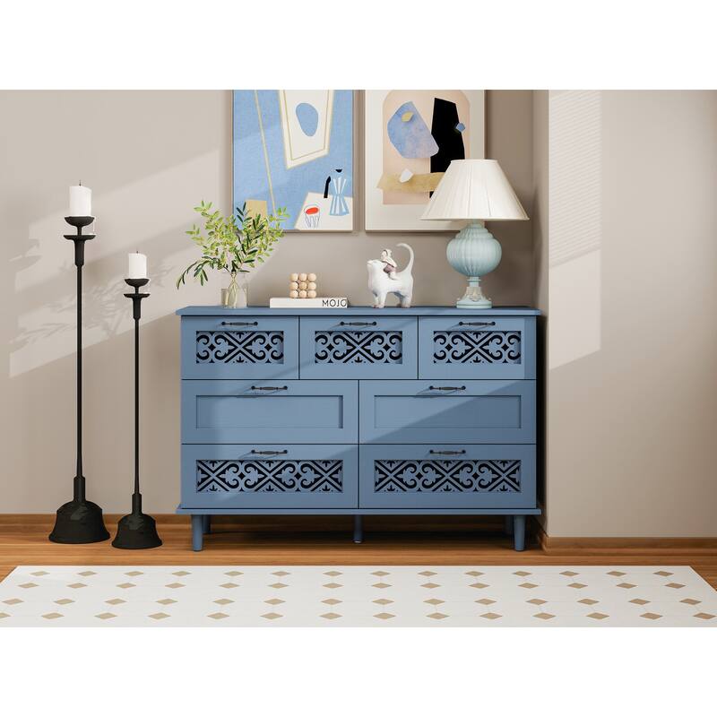Blue Storage Closet Decorative Cabinet with Symmetrical Floral Pattern, Chic Buffet Cabinet Cupboard with Metal Handles