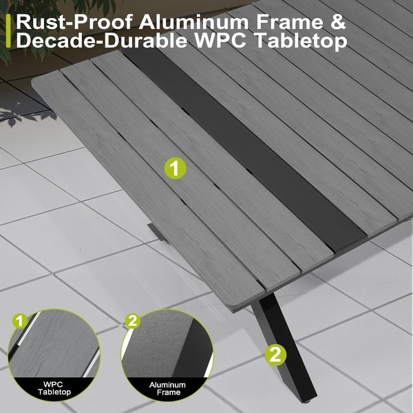 dimension image slide 0 of 3, 9PC Outdoor Patio All-Weather Aluminum Dining X Frame Table Set with Rattan Chairs