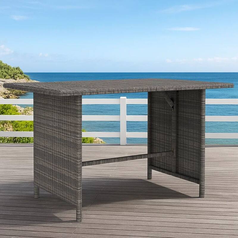 Outdoor Dining Table, 43 Inch Rectangular Top, Dark Gray Poly Rattan