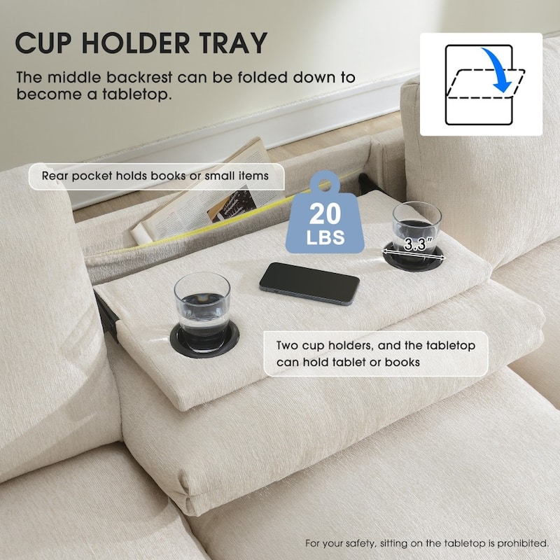 96'' Sectional Sofa with Bluetooth Speaker, Drop Down Table, USB Charger, Storage Armrest