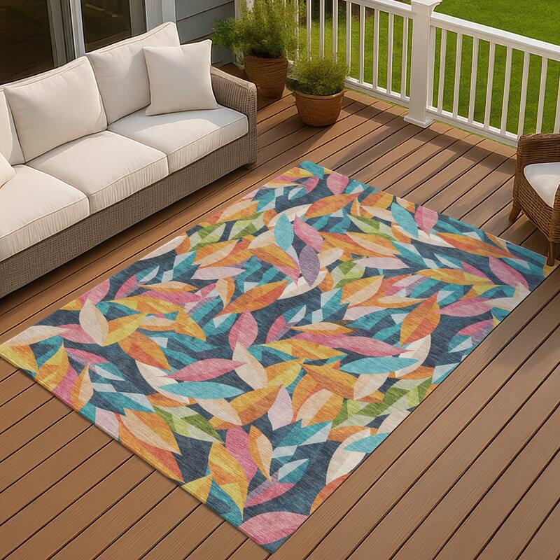 Machine Washable Indoor/ Outdoor Modern Floral Chantille Rug - Navy - 8' x 10'