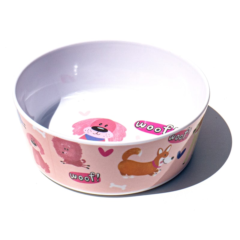 Abode Homewares Whimsy Dogs Melamine Pet Bowl - Small - 1.5 Cups - Pink - Set of 2