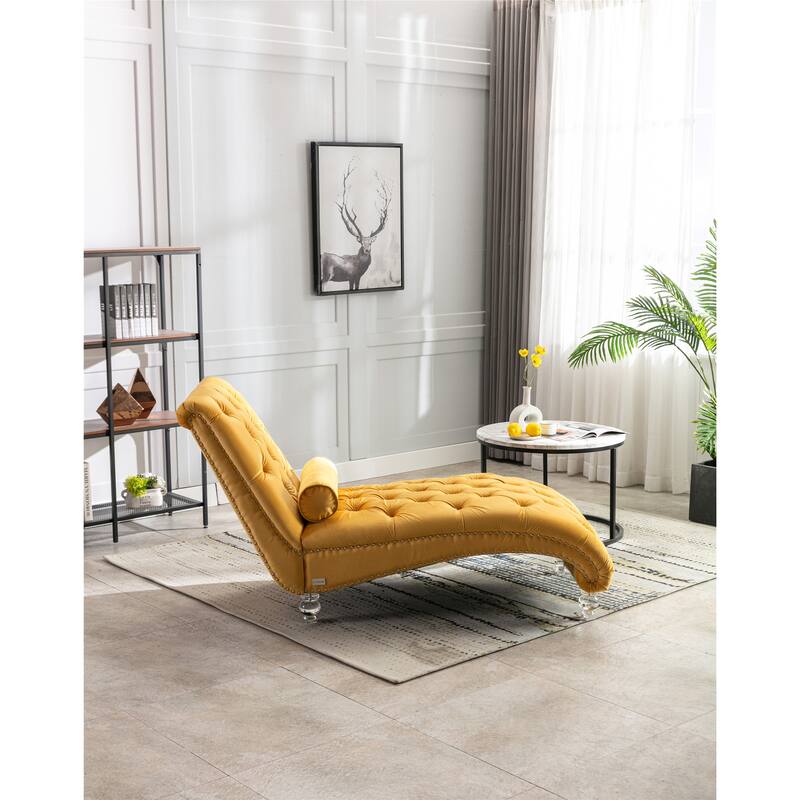 Leisure Concubine Sofa with Acrylic Feet, Traditional Chaise Velvet Barrel Sofa with Lumbar Support Pillow for Living Room