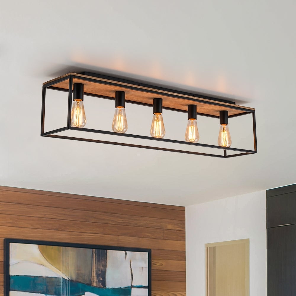 Modern Farmhouse Oak Wood Semi-Flush Mount Rectangle Cage Ceiling Light Kitchen Dining