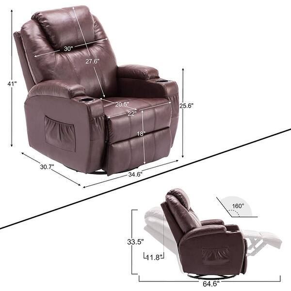dimension image slide 2 of 4, MCombo Manual Swivel Glider Rocker Recliner Chair with Massage and Heat, Faux Leather 8031