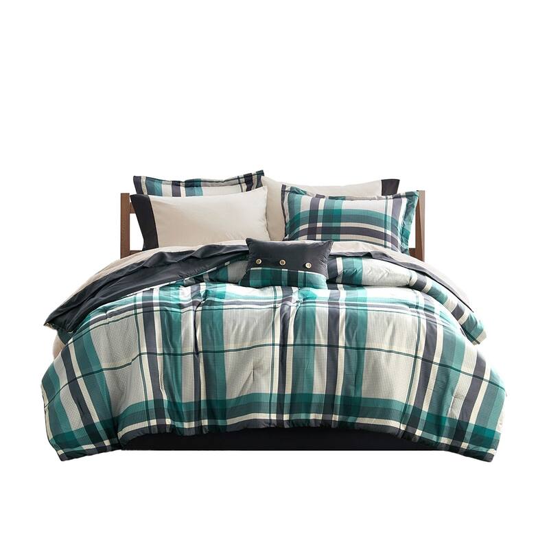 9 PCS Queen Plaid Comforter Set with Bed Sheets Teal/Black